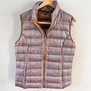 Eddie Bauer Women's Medium Quilted Down Brown Houndstooth Plaid Puffer‎ Vest